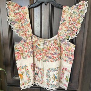 Farm Rio 100% Cotton Delicate Forest Scarves Shirred Neck Ruffled Sleeves Blouse